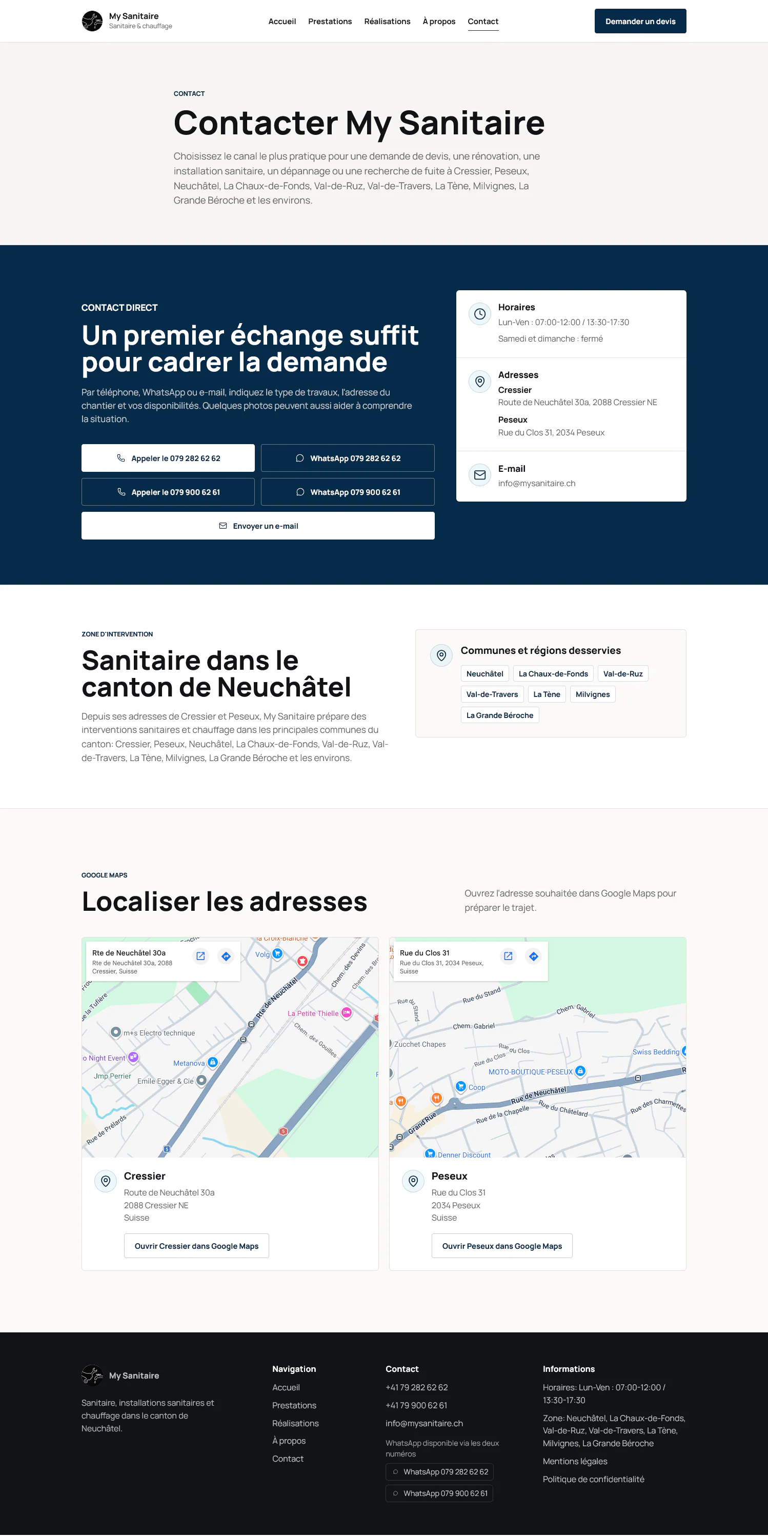 Contact et adresses — capture complète du site My Sanitaire