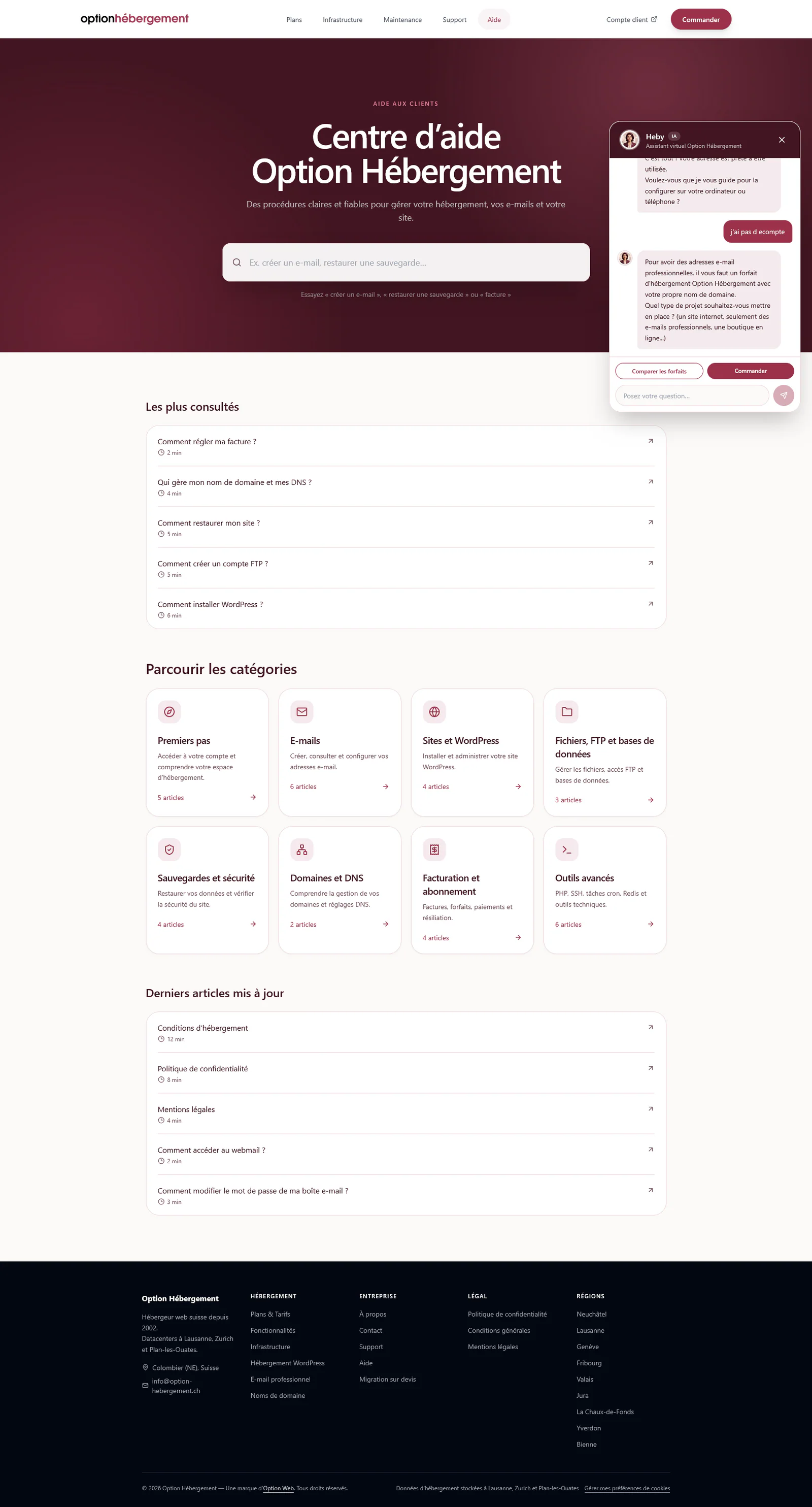 Centre d’aide d’Option Hébergement avec le chatbot ouvert
