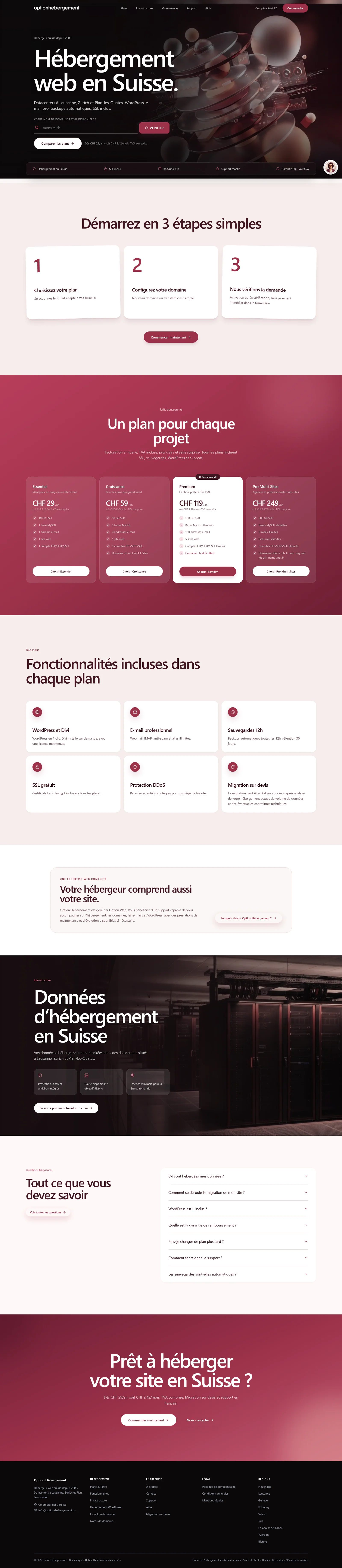 Page d’accueil complète du site Option Hébergement sur ordinateur