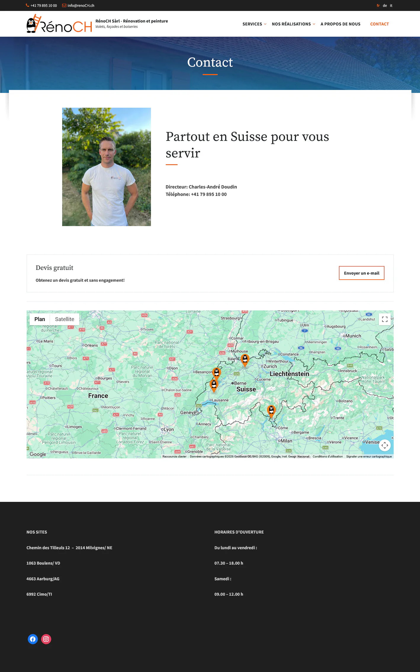 Page de contact RénoCH avec coordonnées et demande de devis.