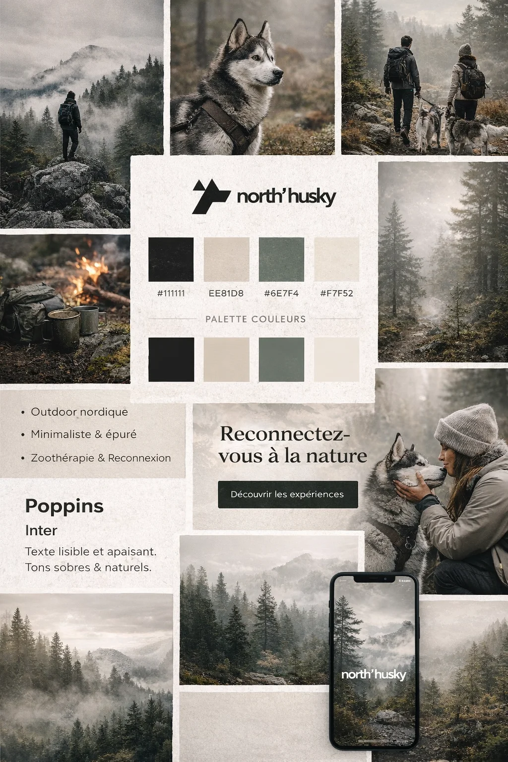 Moodboard North Husky avec logo, palette naturelle, photos de montagne, husky, typographies et écran mobile