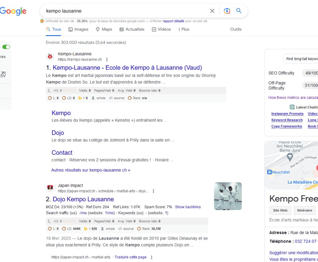 "Kempo Lausanne" en position 1 sur Google