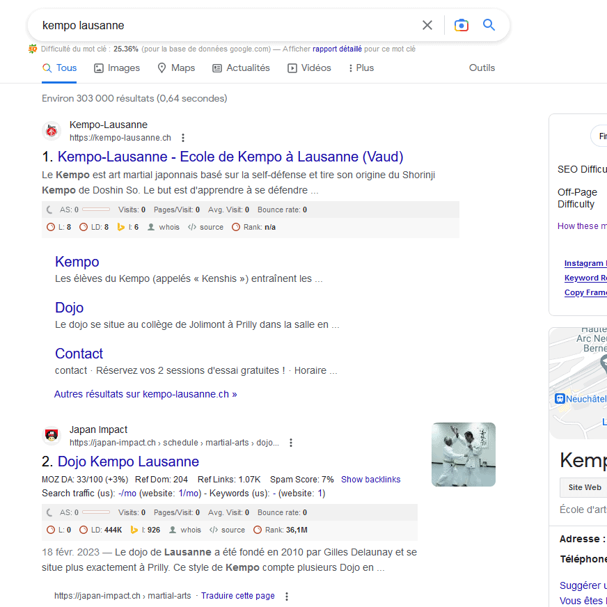 "Kempo Lausanne" en position 1 sur Google