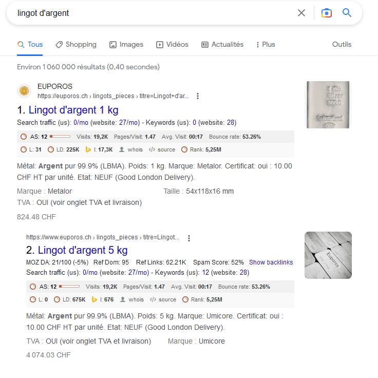 Lingot d'argent en position 1 sur Google