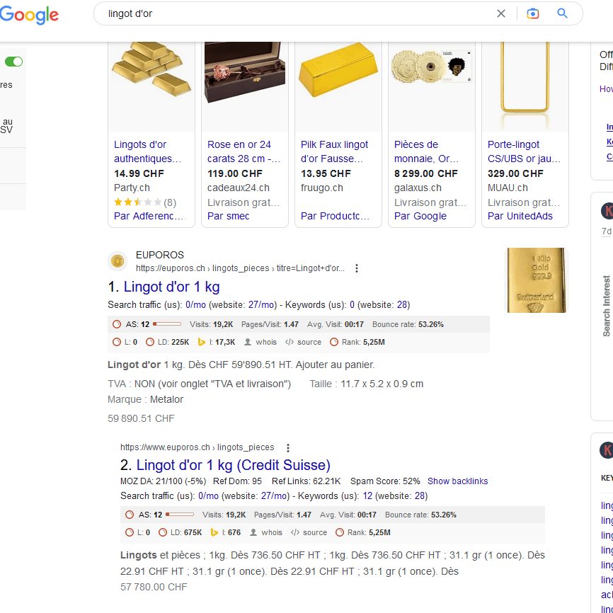 "Lingot d'or" en position 1 sur Google